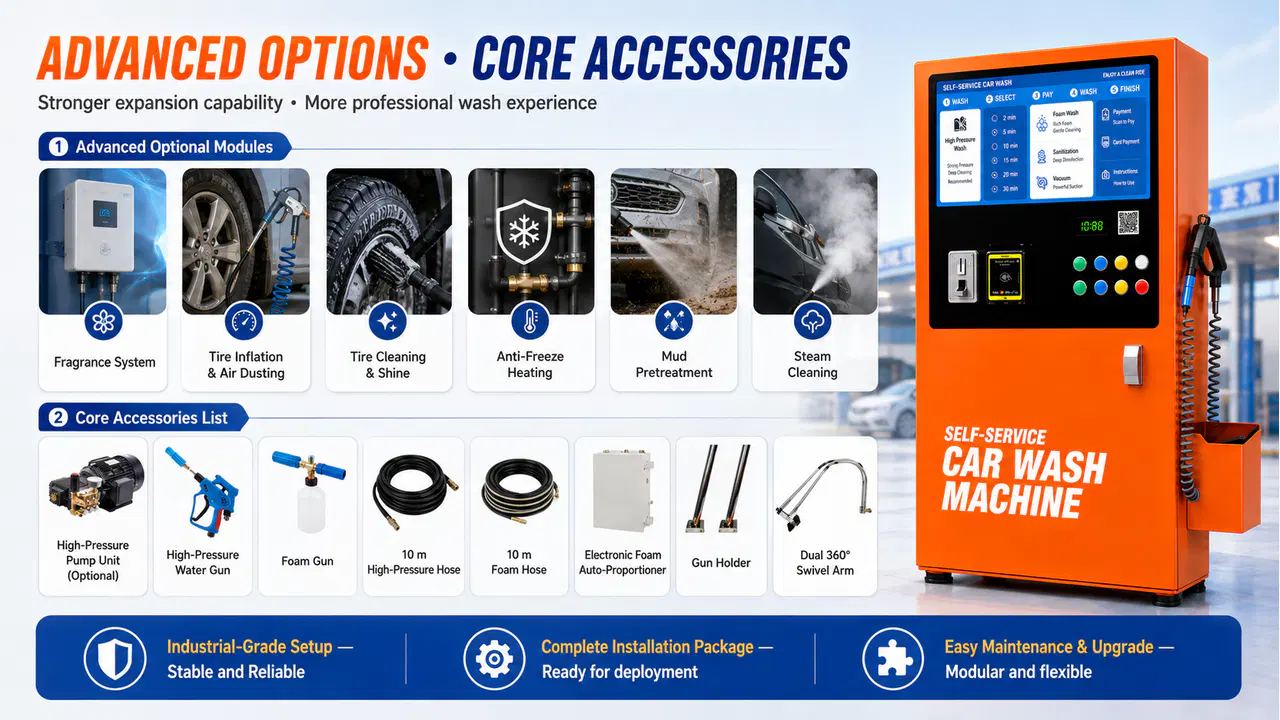 Optional functions and accessories for the all-in-one car wash machine