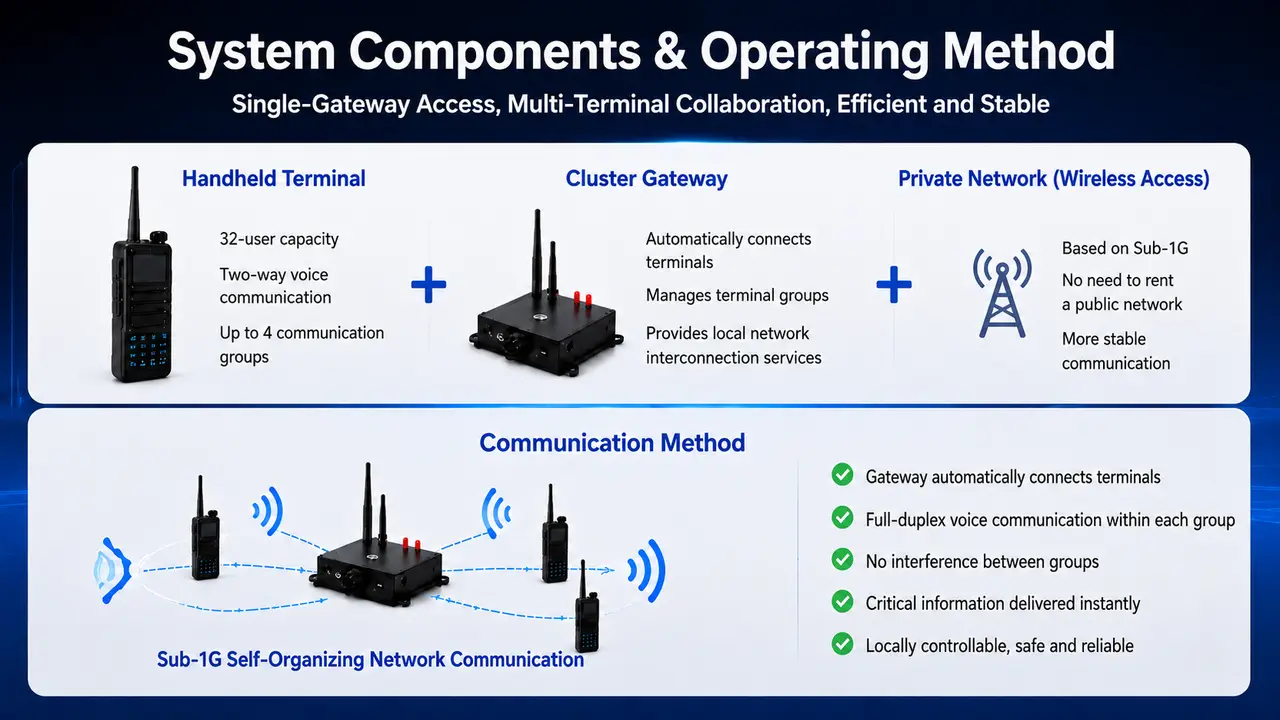 Handheld terminals connected through a cluster gateway and private network