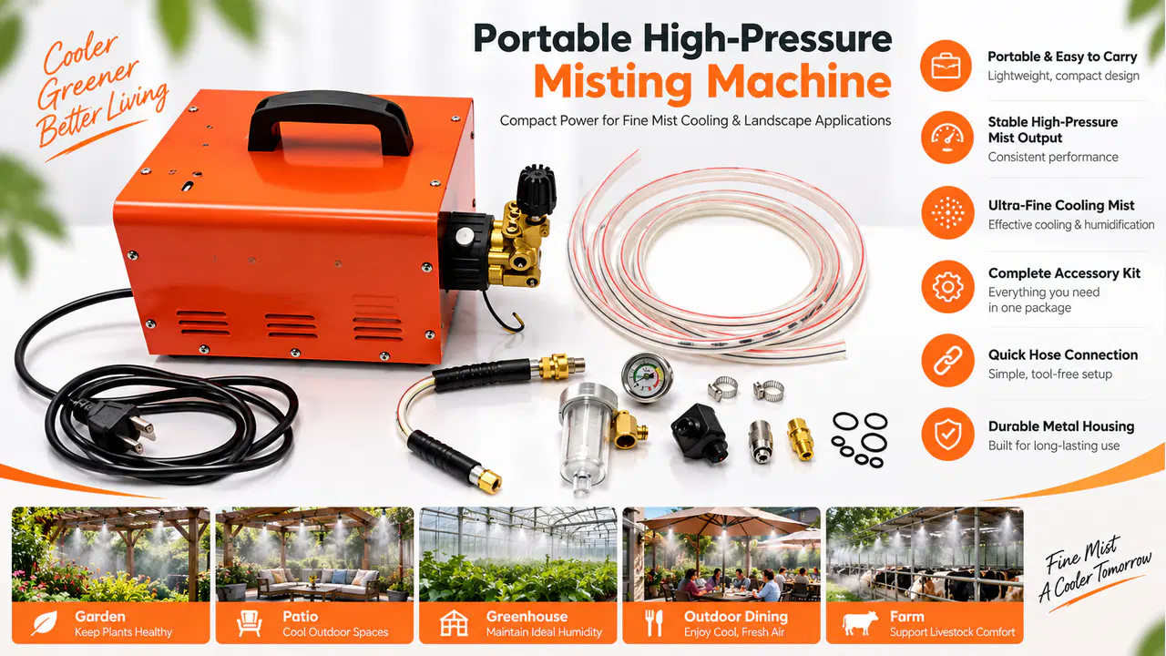 Portable misting machine components prepared for routine inspection and maintenance