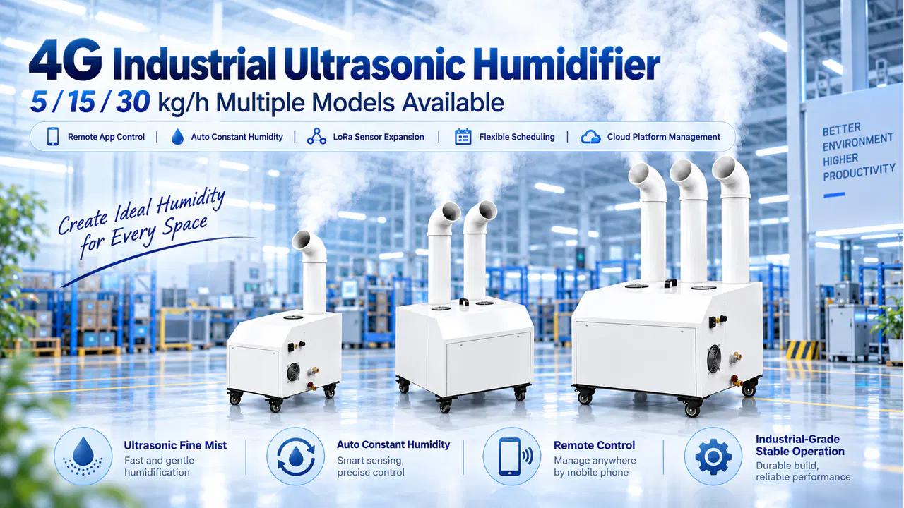 Industrial ultrasonic humidifier deployed in warehouses, workshops, laboratories, and equipment rooms