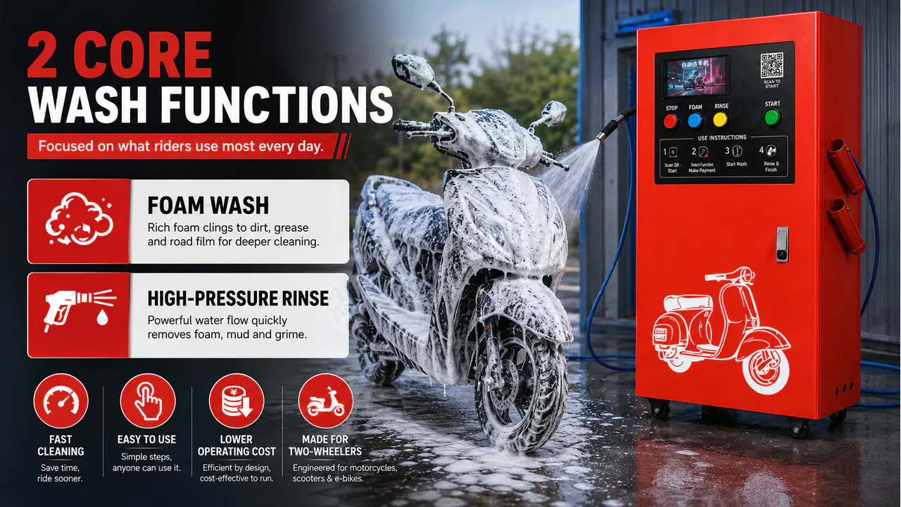 Two-wheeler wash machine providing foam wash and high-pressure rinse for a scooter