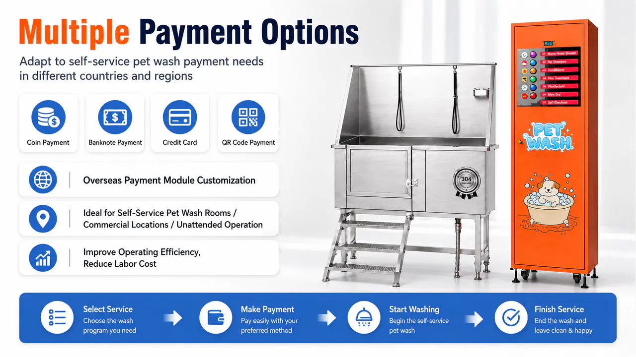 Split-type pet wash station showing seven configurable self-service pet-care programs