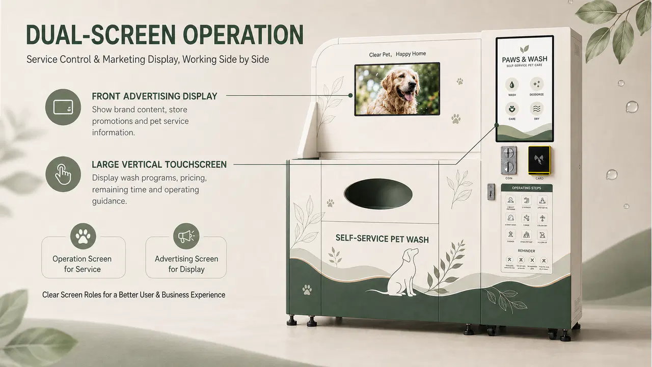 Dual-screen self-service pet wash station with touchscreen control and front advertising display