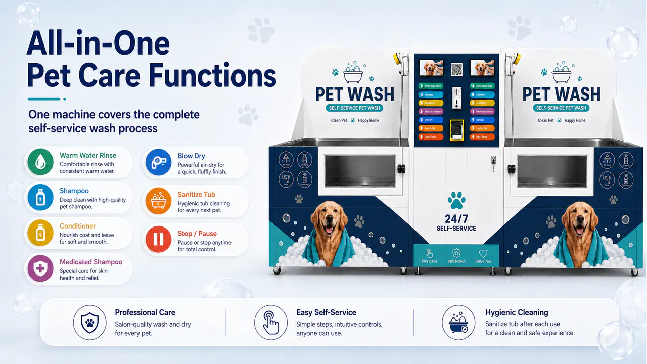 Dual-tub self-service pet wash station showing all-in-one wash, care, drying, and tub-cleaning functions
