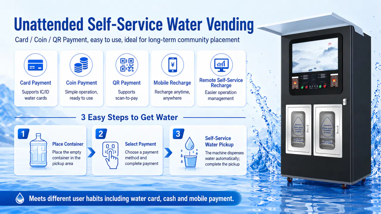 Smart self-service water vending machine with dual-tank 320L capacity