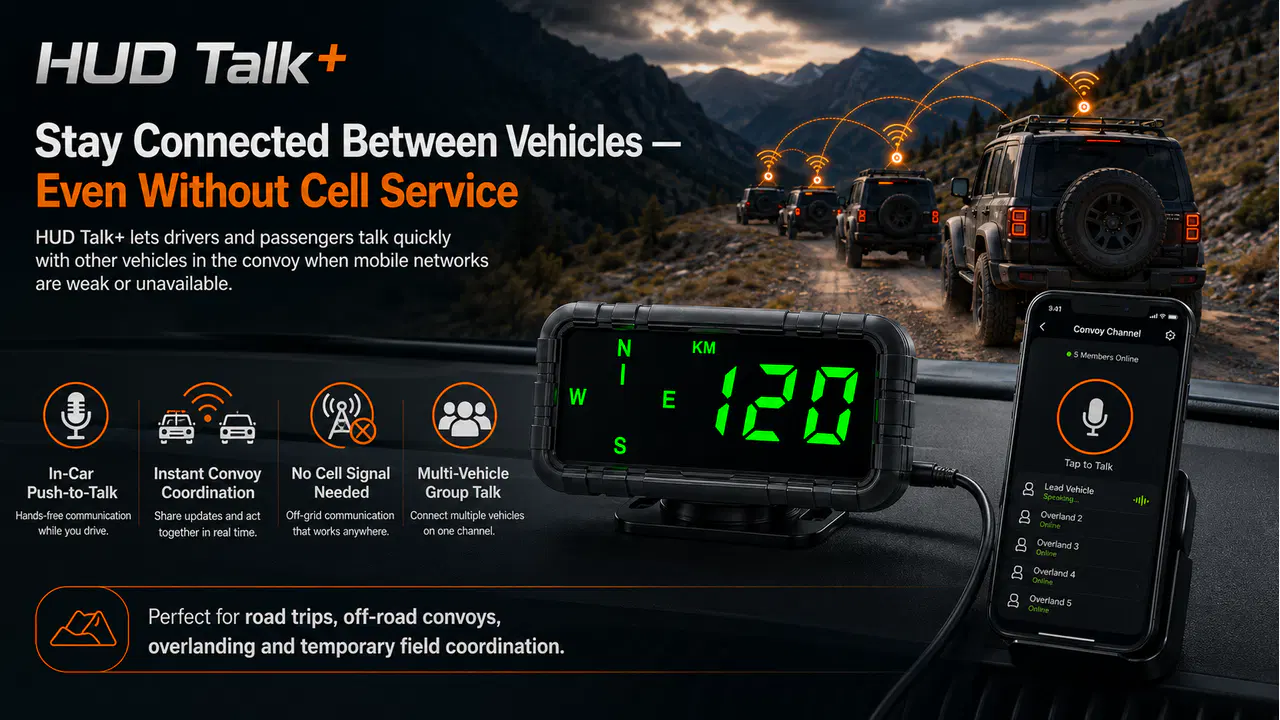 HUD Talk+ GPS display and phone push-to-talk interface used by an off-road vehicle convoy