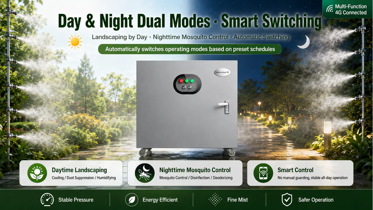 Outdoor high-pressure misting station showing scheduled daytime landscape and nighttime mosquito-control modes