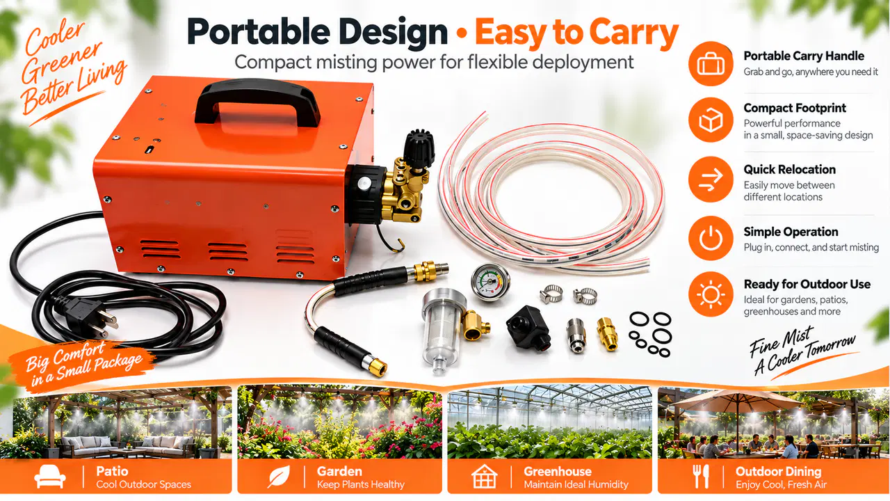 Portable high-pressure misting machine with hose and setup accessories