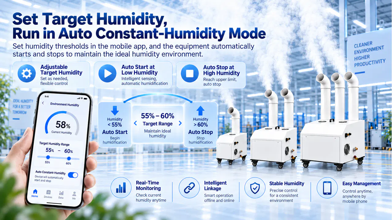 Industrial ultrasonic humidifier maintaining a configured target humidity with a mobile app