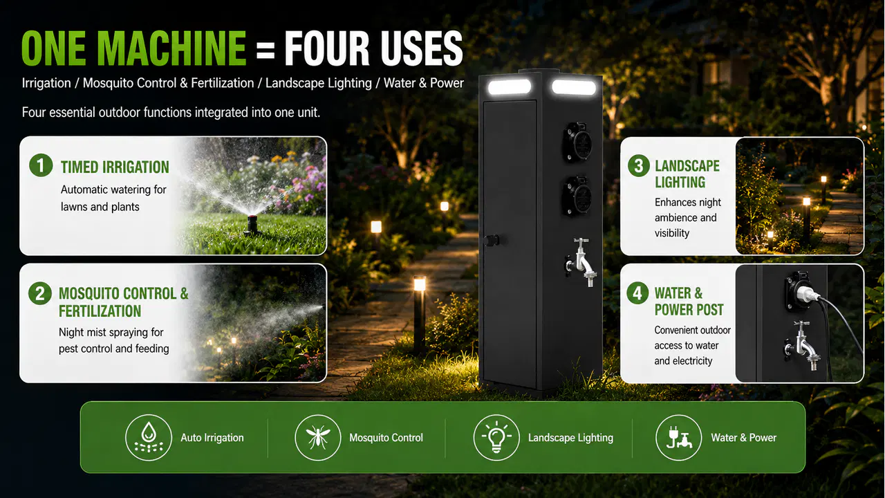 4-in-1 smart outdoor post combining irrigation, mist application, landscape lighting, and water-and-power access