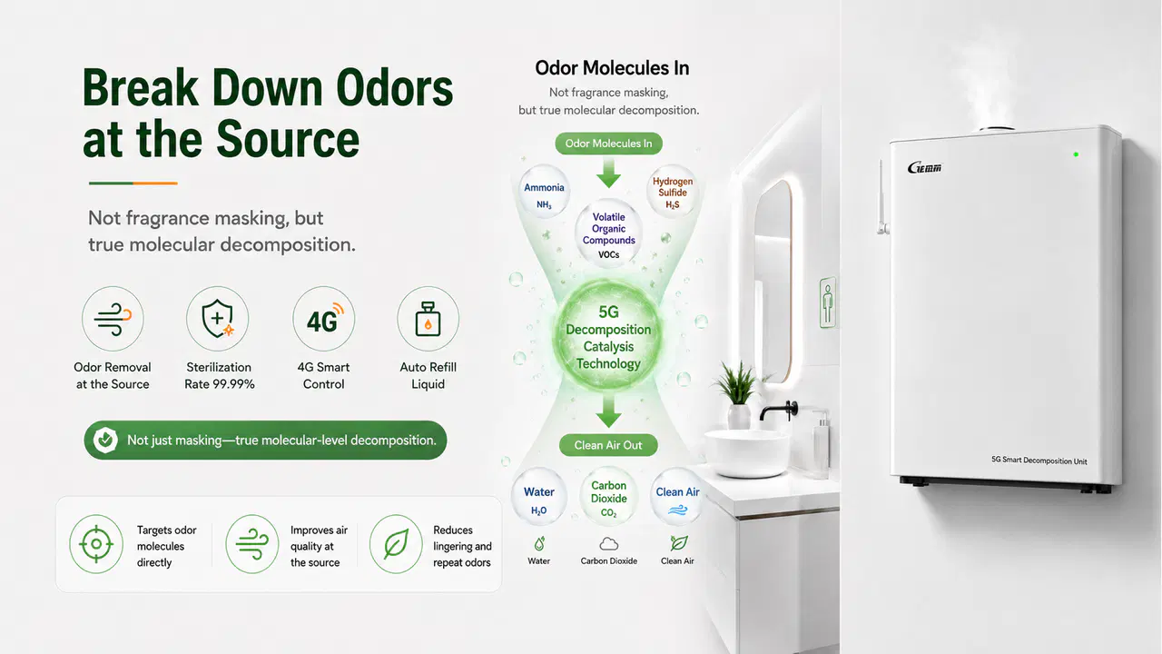 Wall-mounted air deodorizer illustrating source-oriented treatment of odor molecules in a commercial washroom