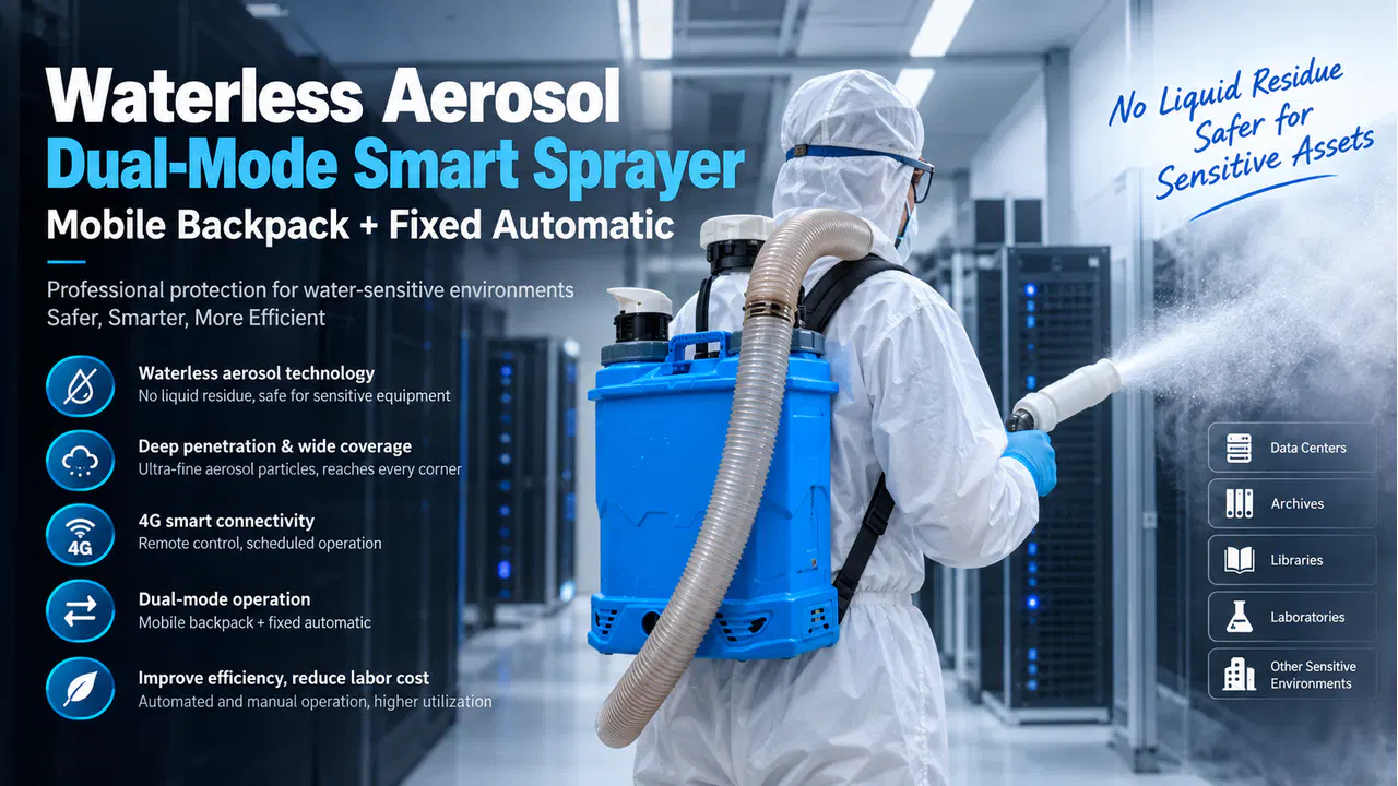Blue backpack aerosol sprayer operating in a data center aisle