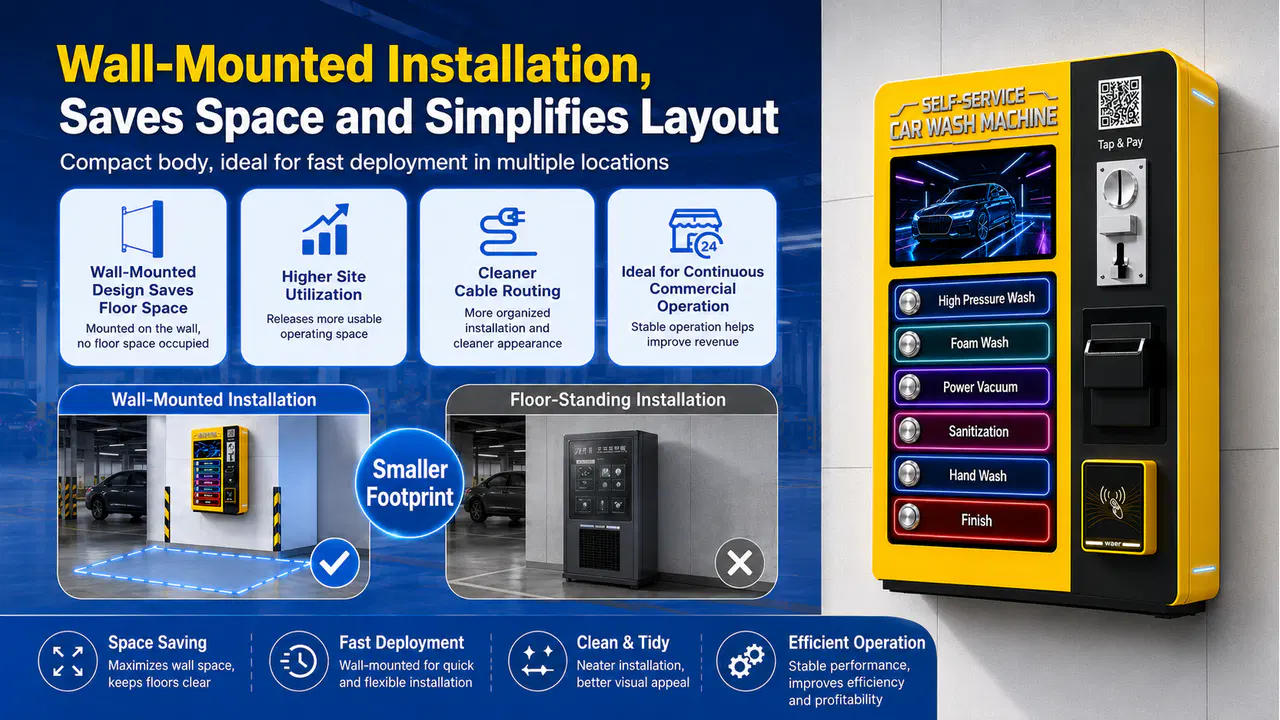 Wall-mounted self-service car wash machine compared with a floor-standing installation