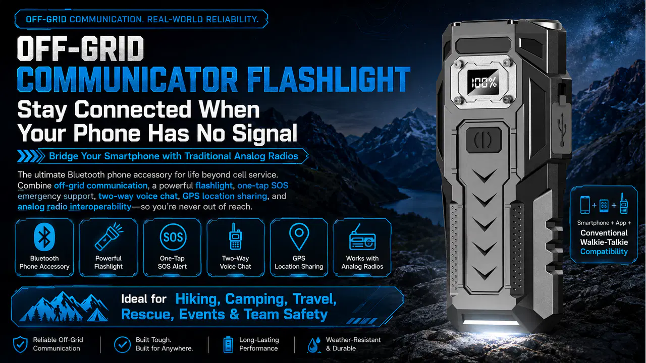 Rugged off-grid communicator flashlight shown with a smartphone and analog walkie-talkie workflow
