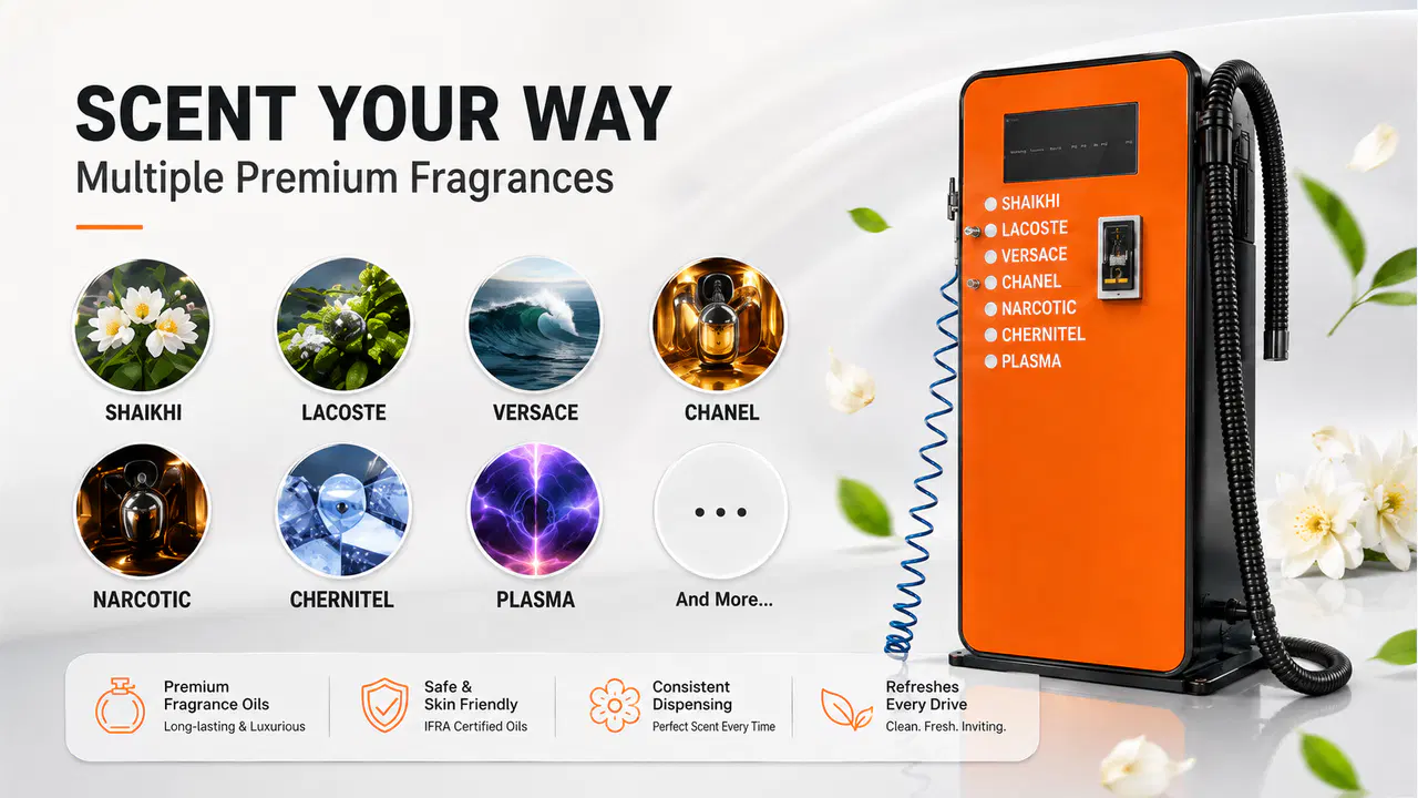 Multiple fragrance selections on a self-service car fragrance machine