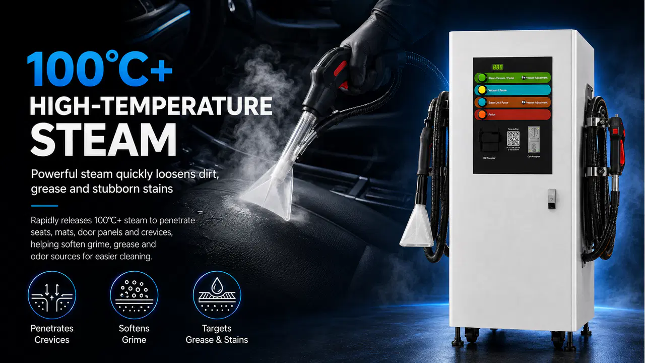 Self-service steam cleaning machine producing high-temperature steam for a car seat
