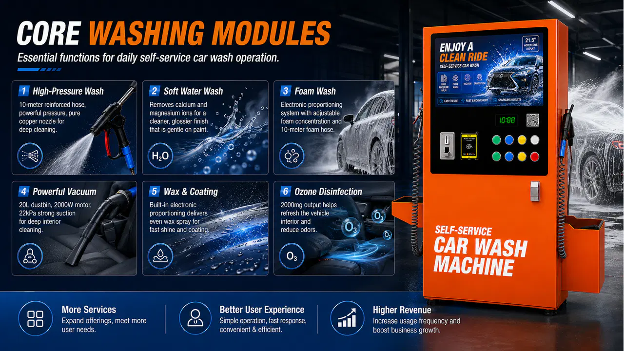 Core washing modules for the large-screen self-service car wash station
