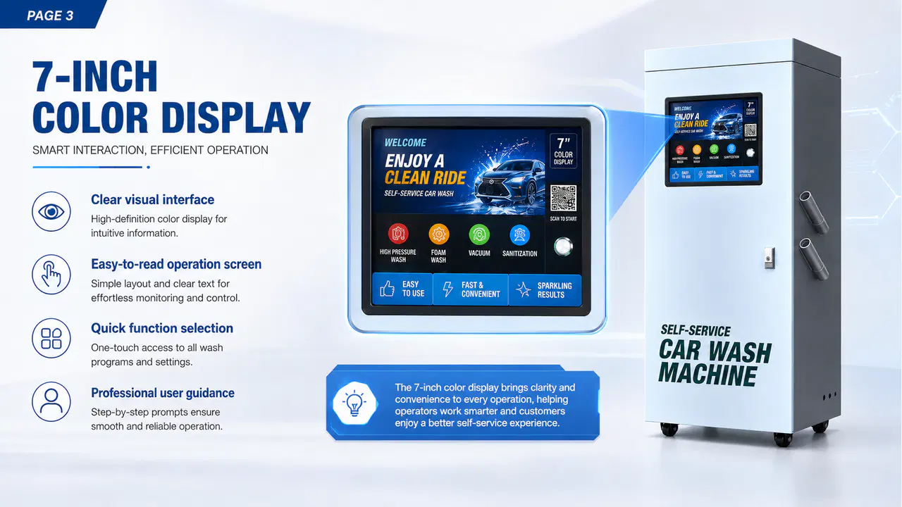 Seven-inch color display and user interface on the car wash machine