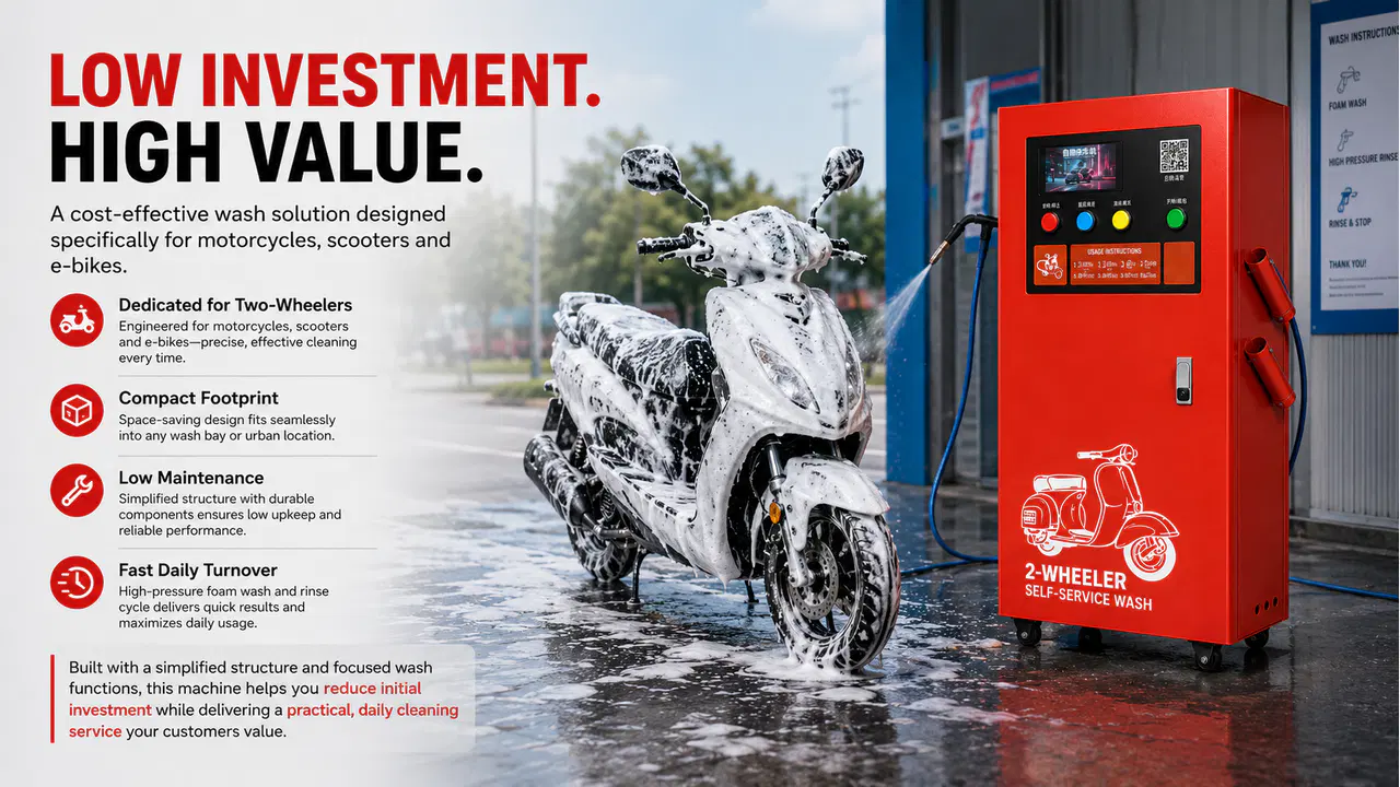 Compact red self-service two-wheeler wash machine beside a foam-covered scooter