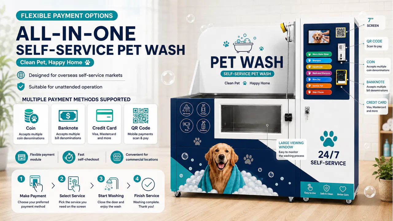 Self-service pet wash machine with coin, banknote, card, QR-code, and cashless payment options