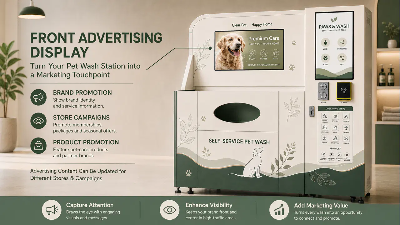 Front advertising screen on a commercial pet wash station displaying pet-care promotional content