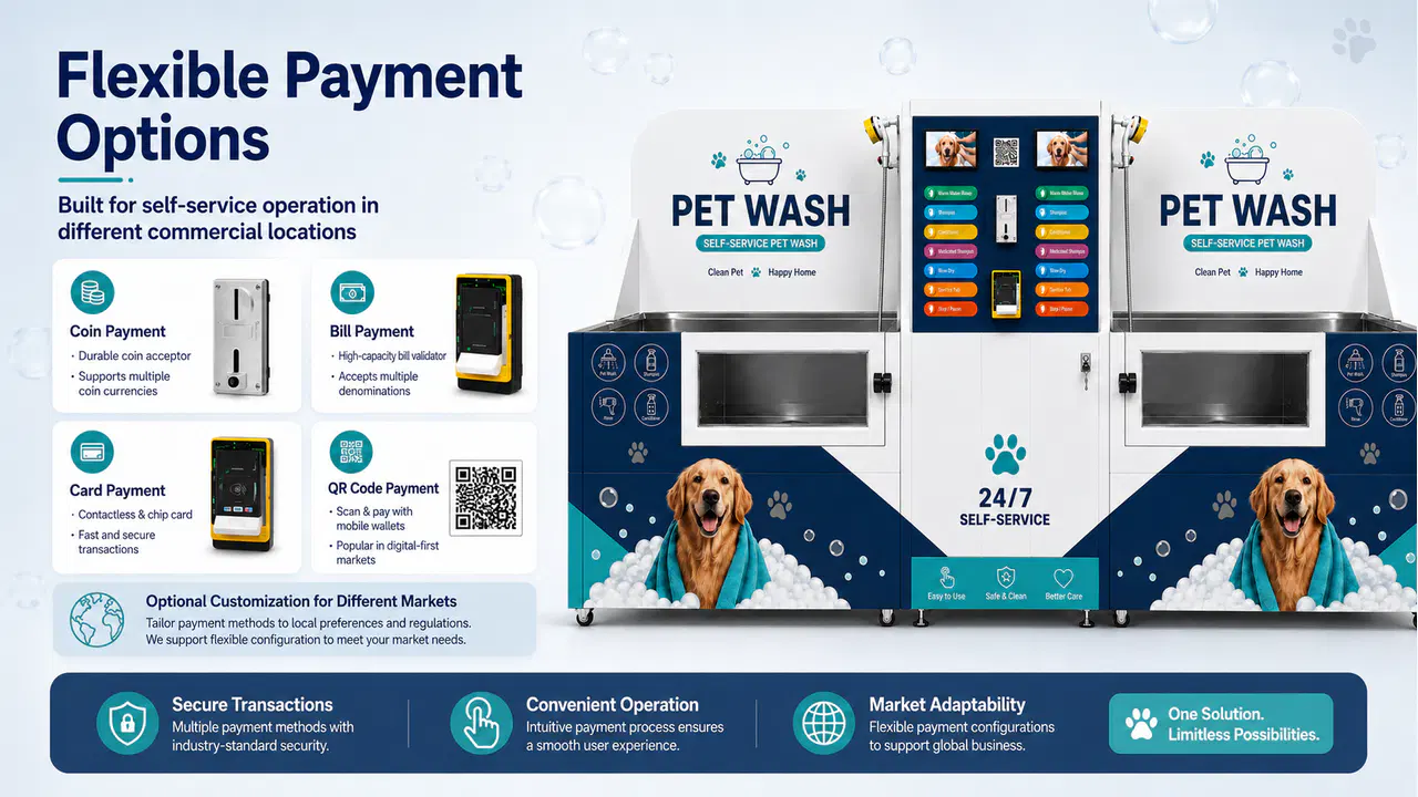 Dual-bay pet wash station with configurable coin, bill, card, QR-code, and NFC payments