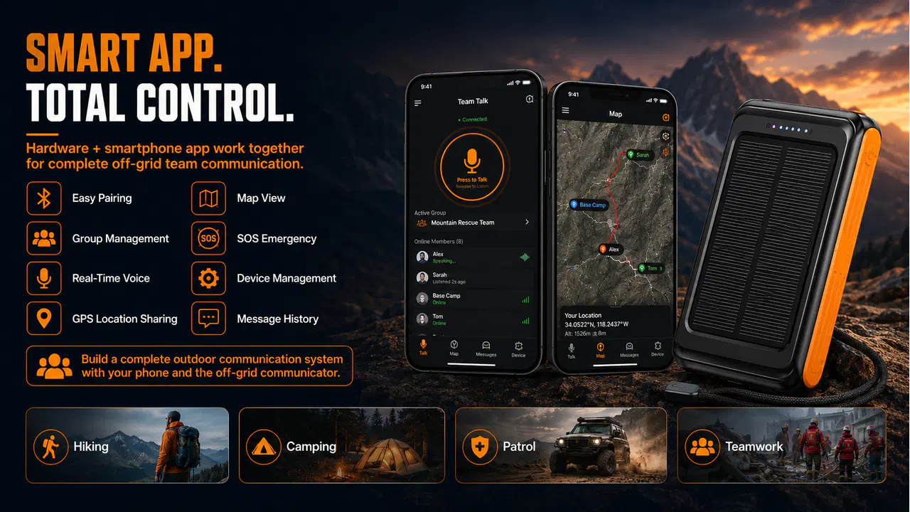 Companion phone app showing team push-to-talk, member management, map, GPS sharing, SOS, and device controls