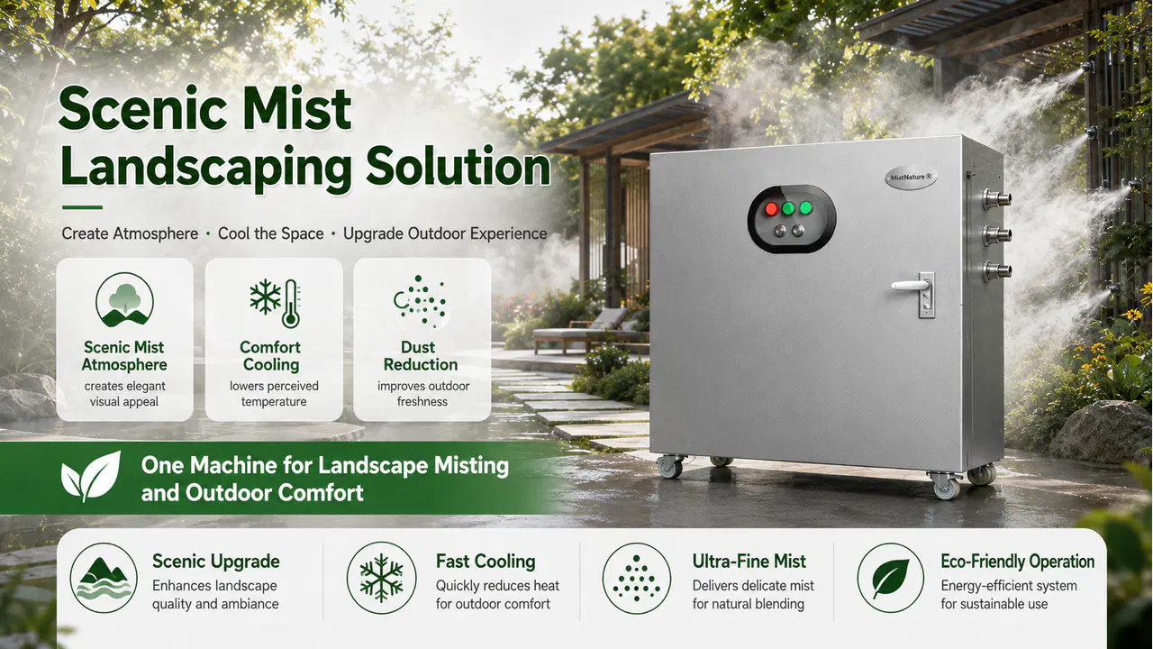 High-pressure misting machine creating a scenic mist atmosphere in a landscaped outdoor area