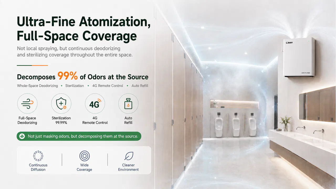Wall-mounted air deodorizer using fine atomization for broad-space odor and hygiene treatment