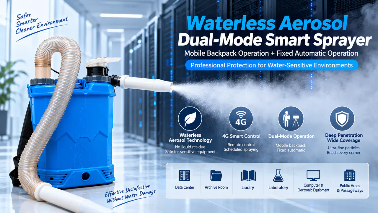 Waterless aerosol sprayer creating a fine mist around servers and sensitive equipment