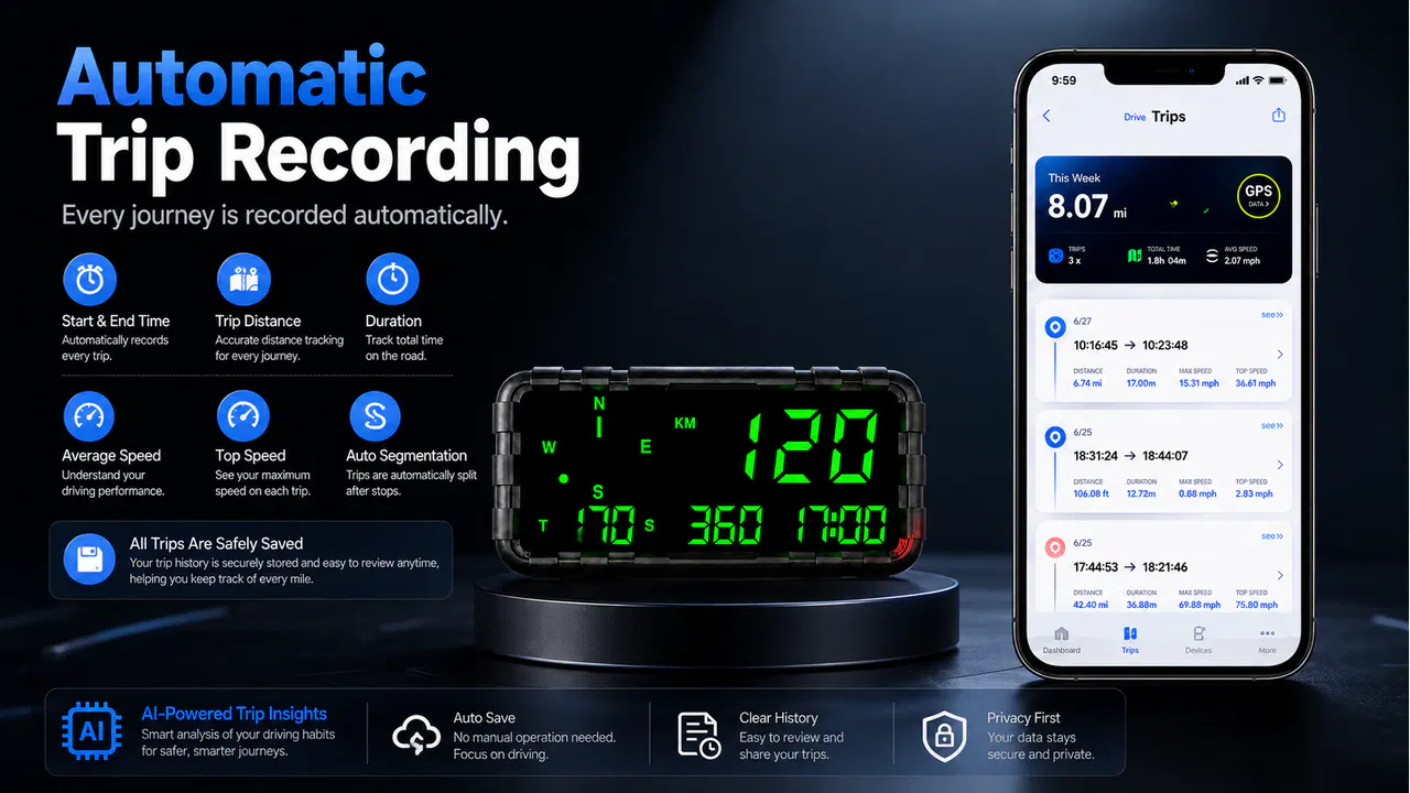 Automatic trip recording history in the GPS speedometer app