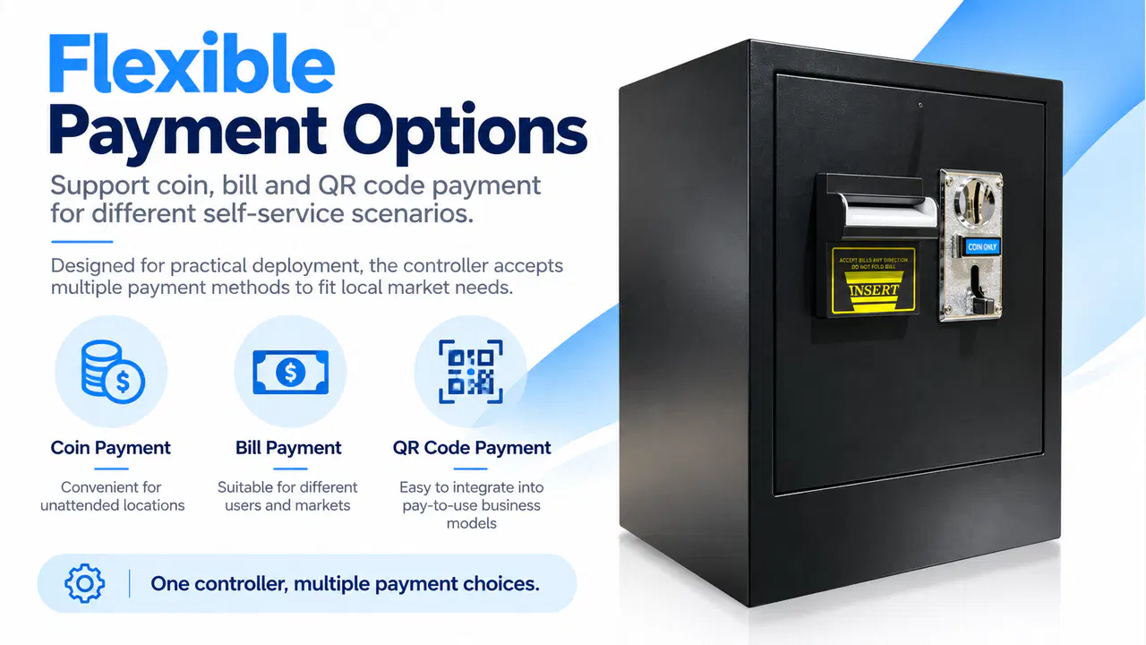 Coin bill and QR payment options for pay-to-use equipment