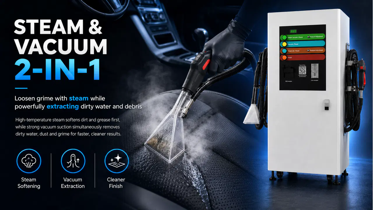 Steam vacuum extractor cleaning a vehicle seat with simultaneous steam and suction
