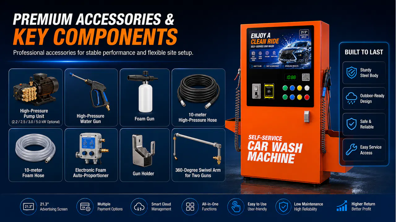 Accessories and key components for an all-in-one car wash machine