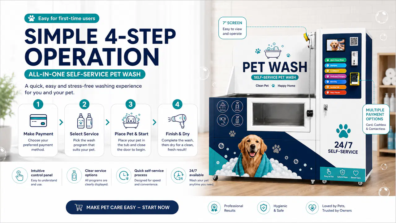 Four-step operation flow for an all-in-one self-service pet wash machine