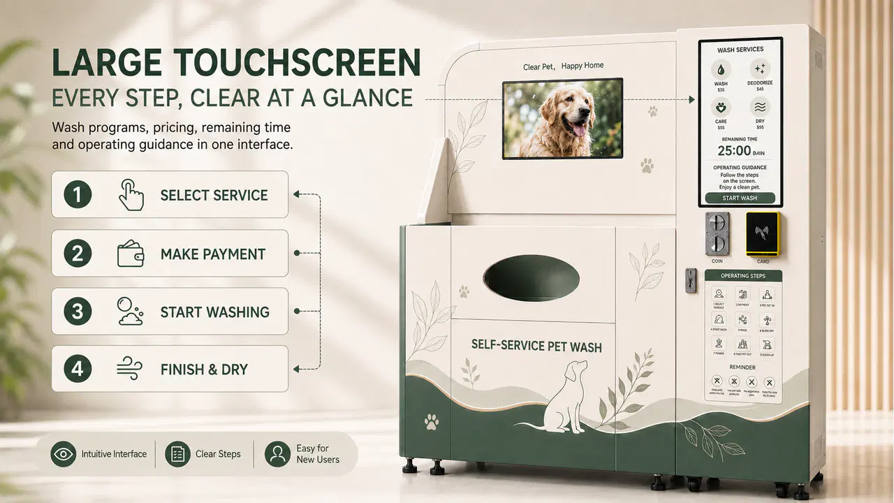Large touchscreen showing the four-step self-service pet wash process