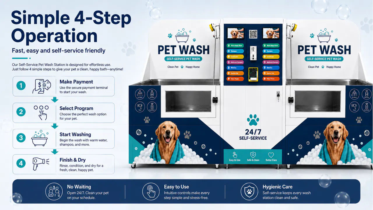 Four-step self-service workflow for a dual-tub pet wash station