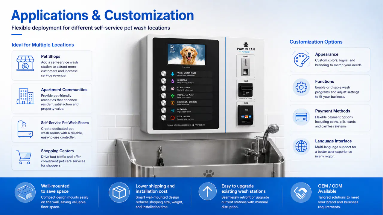 Four-step self-service pet wash workflow on a wall-mounted controller
