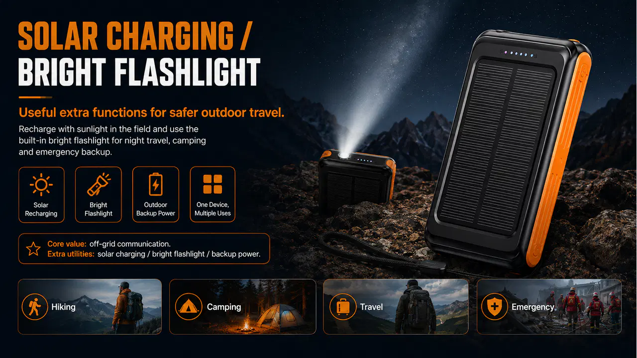 Solar communicator with integrated panel, bright flashlight, and outdoor backup-power functions