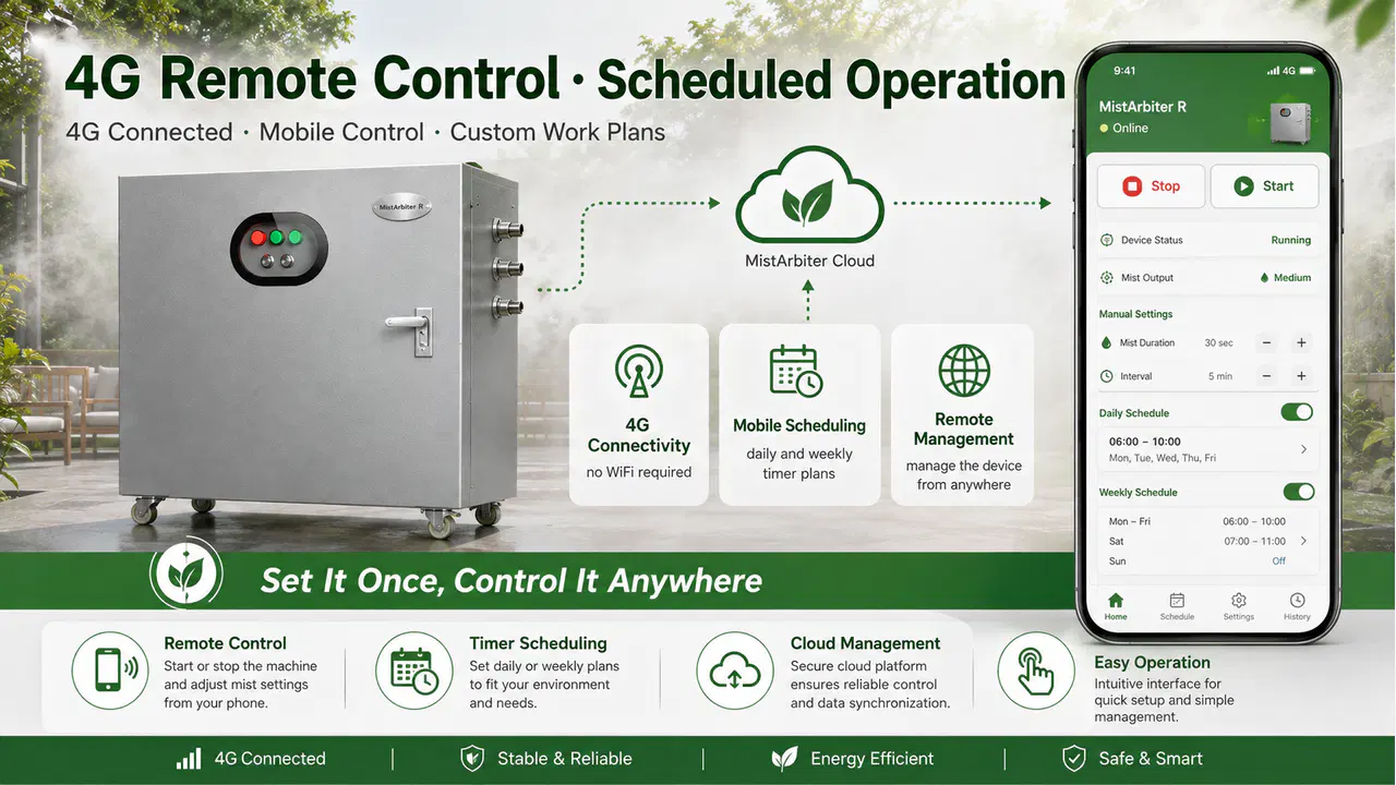 4G mobile control interface for remote scheduling of a high-pressure misting machine