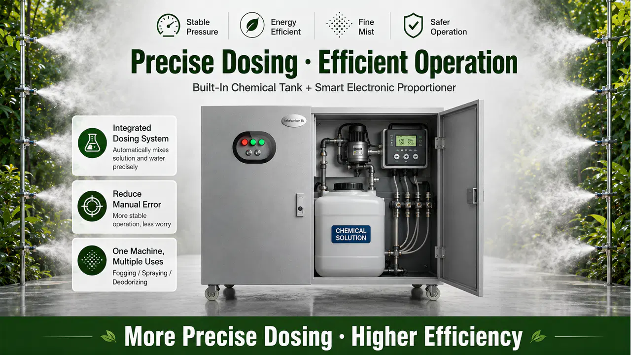 Open equipment cabinet showing chemical tank, pump, piping, and electronic dosing controls for a misting station