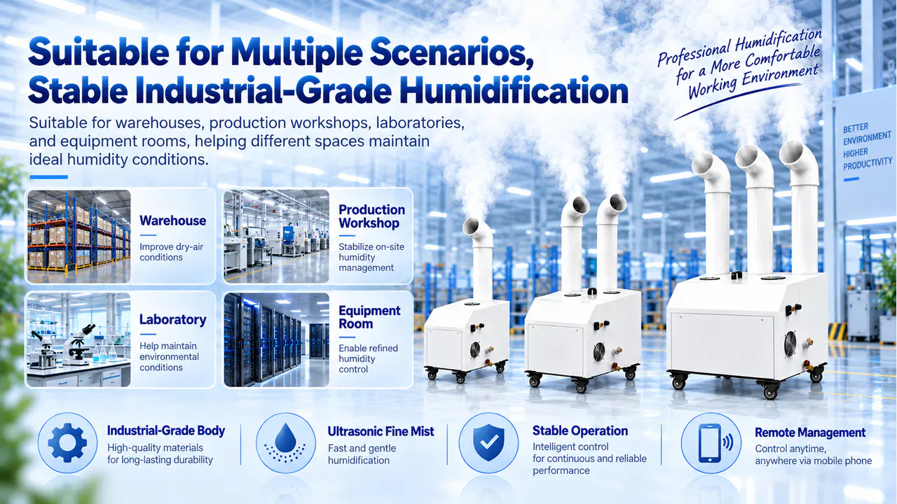 Industrial humidifier connected to multiple LoRa wireless humidity sensors across warehouse zones
