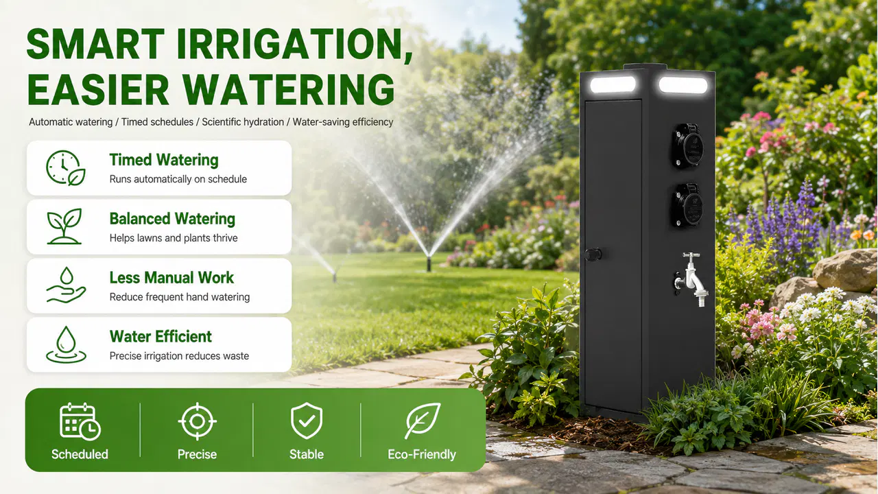 Smart outdoor irrigation post watering a landscaped garden with scheduled sprinklers