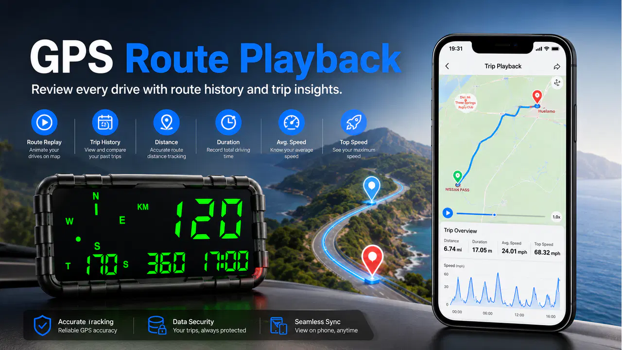 GPS route playback with mapped journey history and speed chart