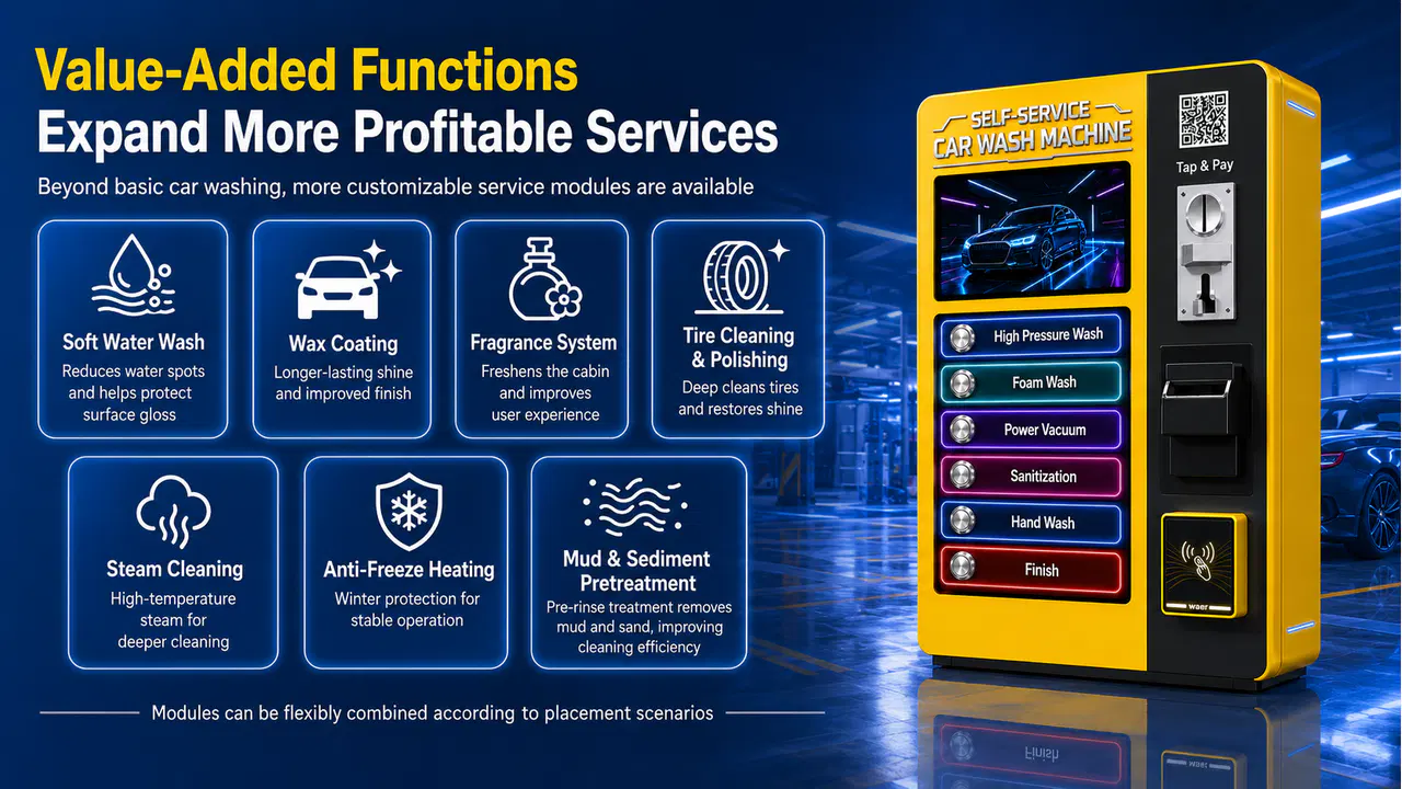 Optional value-added functions for commercial self-service car washing