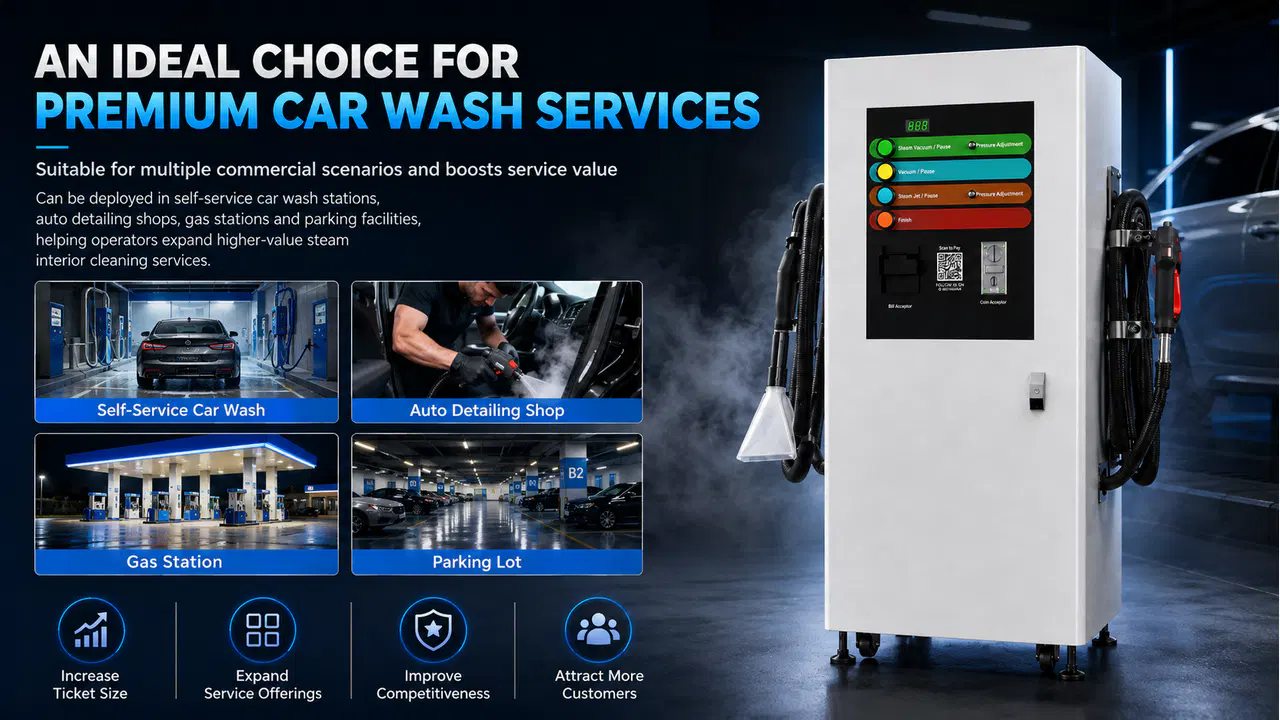 Self-service steam cleaning machine for car wash, detailing, gas station, and parking applications