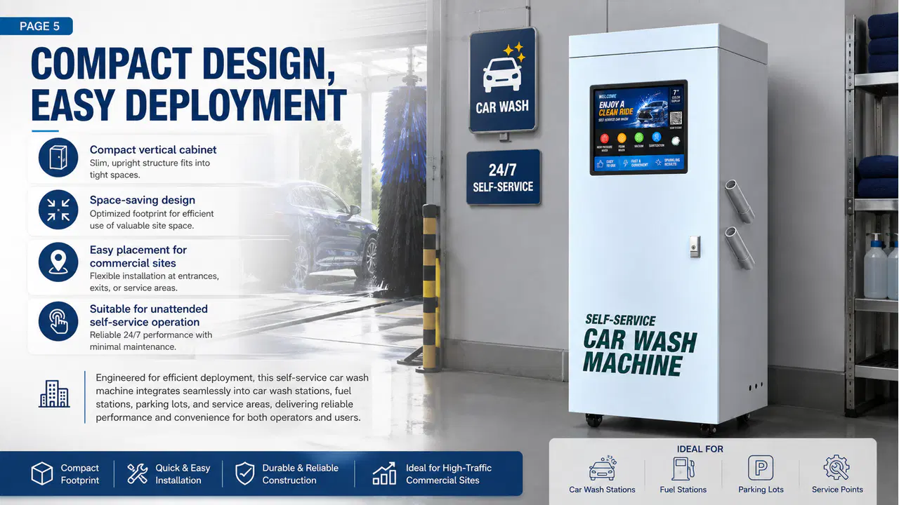 Compact floor-standing self-service car wash machine installed at a commercial site