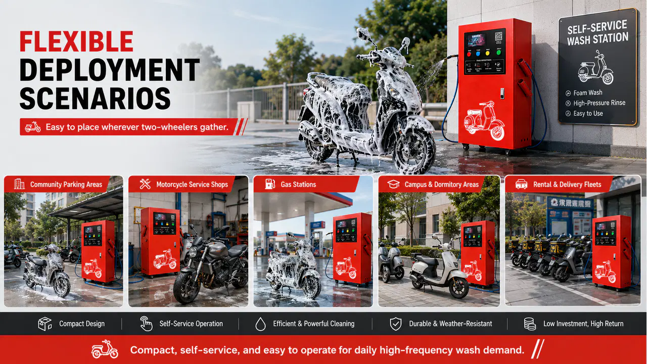 Two-wheeler wash machine deployed across parking, workshop, gas station, campus, and fleet scenarios