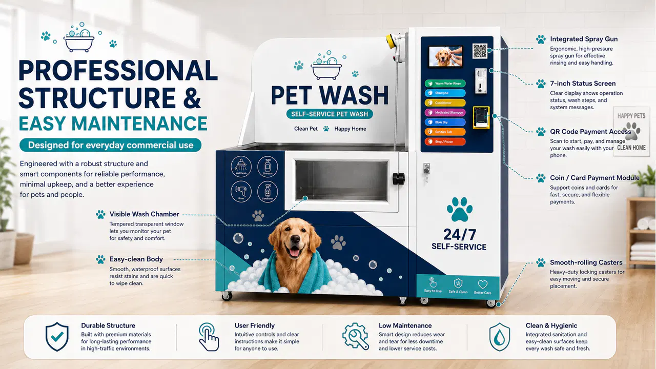 Commercial all-in-one pet wash machine with viewing window, spray gun, status screen, and casters