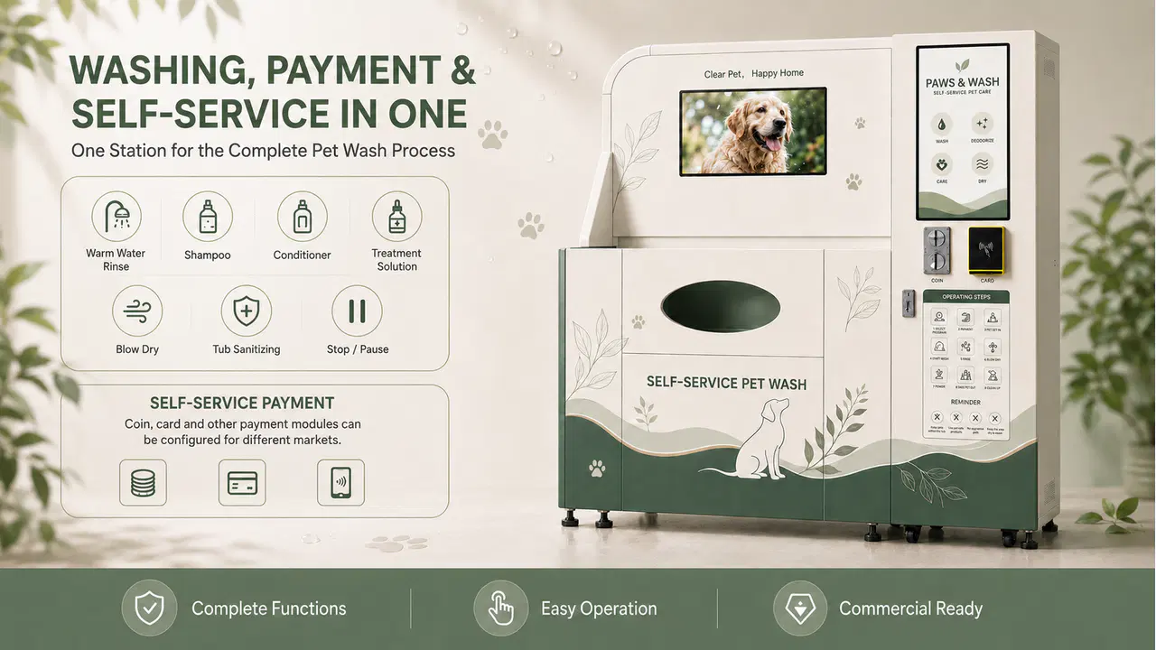 Integrated self-service pet wash station with wash, care, drying, sanitizing-option, and payment functions